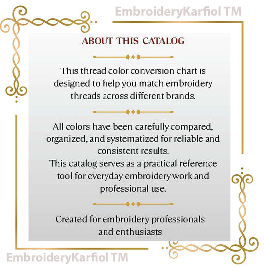 The image is a catalog page for embroidery professionals and enthusiasts, featuring a color conversion chart to help match embroidery threads across different brands. The page is designed to provide a practical reference for everyday embroidery work and professional use.