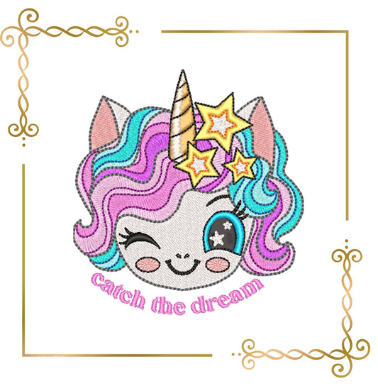 Embroidery Design Unicorn – Catch the Dream Kawaii Face for Machine Embroidery – Cute Pastel Rainbow Digital Download