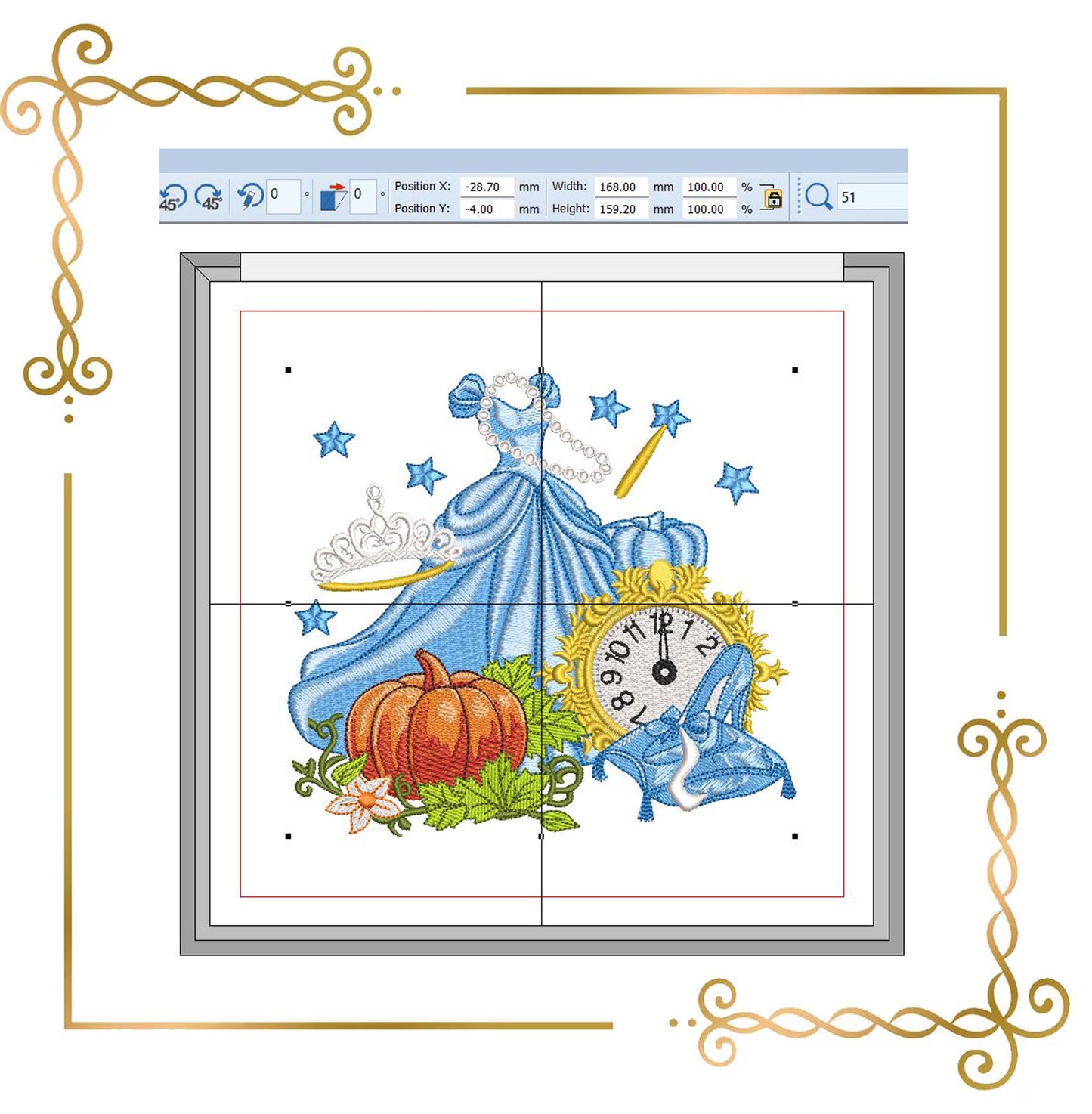 Fairytale Princess Embroidery Design, Cinderella Inspired Dress, Pumpkin Clock Glass Slipper, Machine Embroidery File