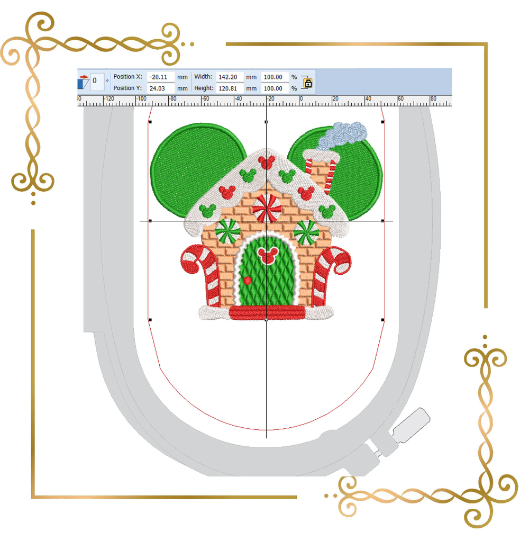 Christmas Mickey Mouse gingerbread house machine embroidery design