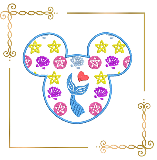 Princess Ariel Minnie mouse head mermaid tail seashells stars machine embroidery design