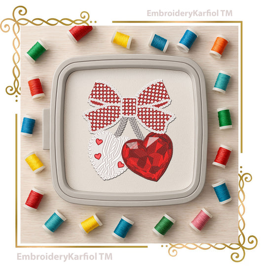 Valentines Day Bow with Crystal and Knit Hearts Embroidery Design File 2 Sizes