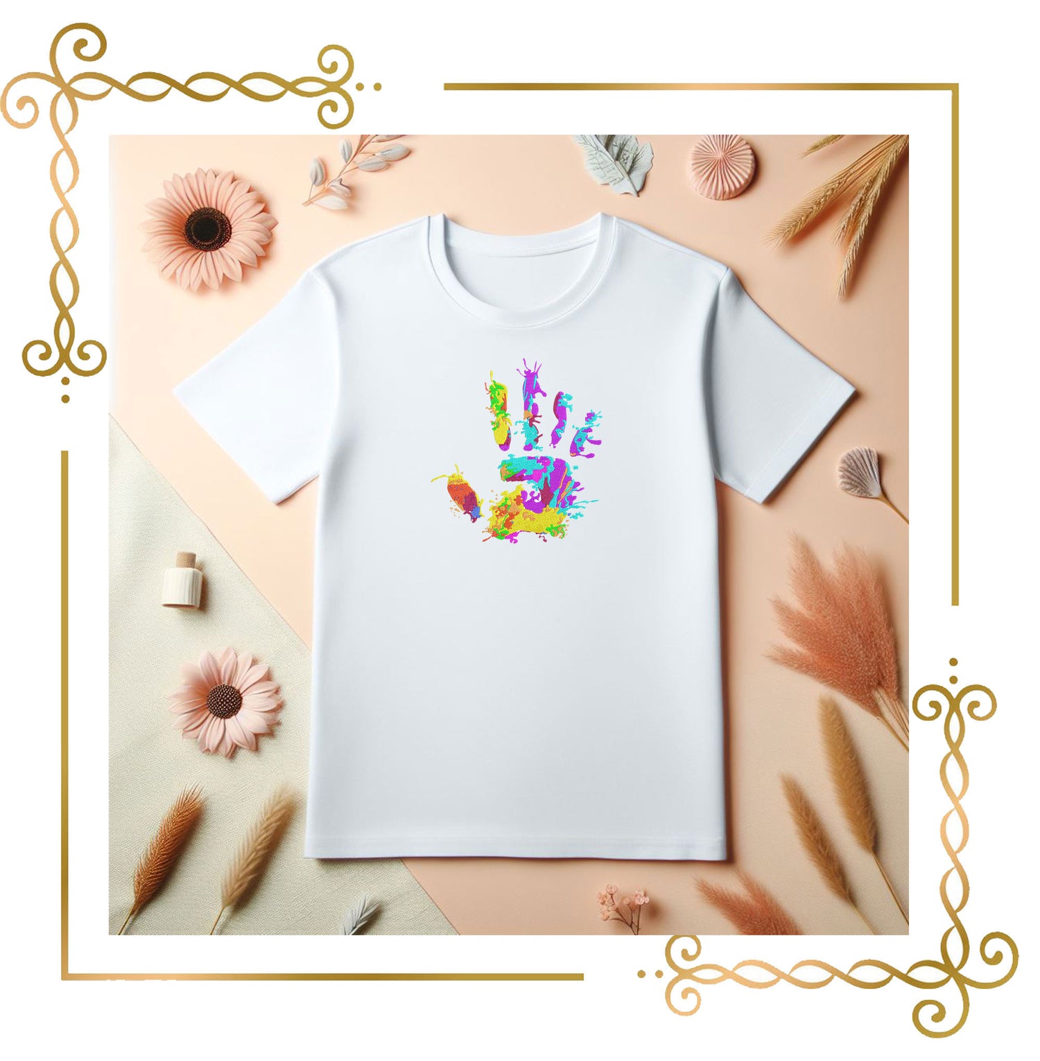 T-shirt Color Splash Handprint - Vibrant Artistic Embroidery Design 2 Sizes