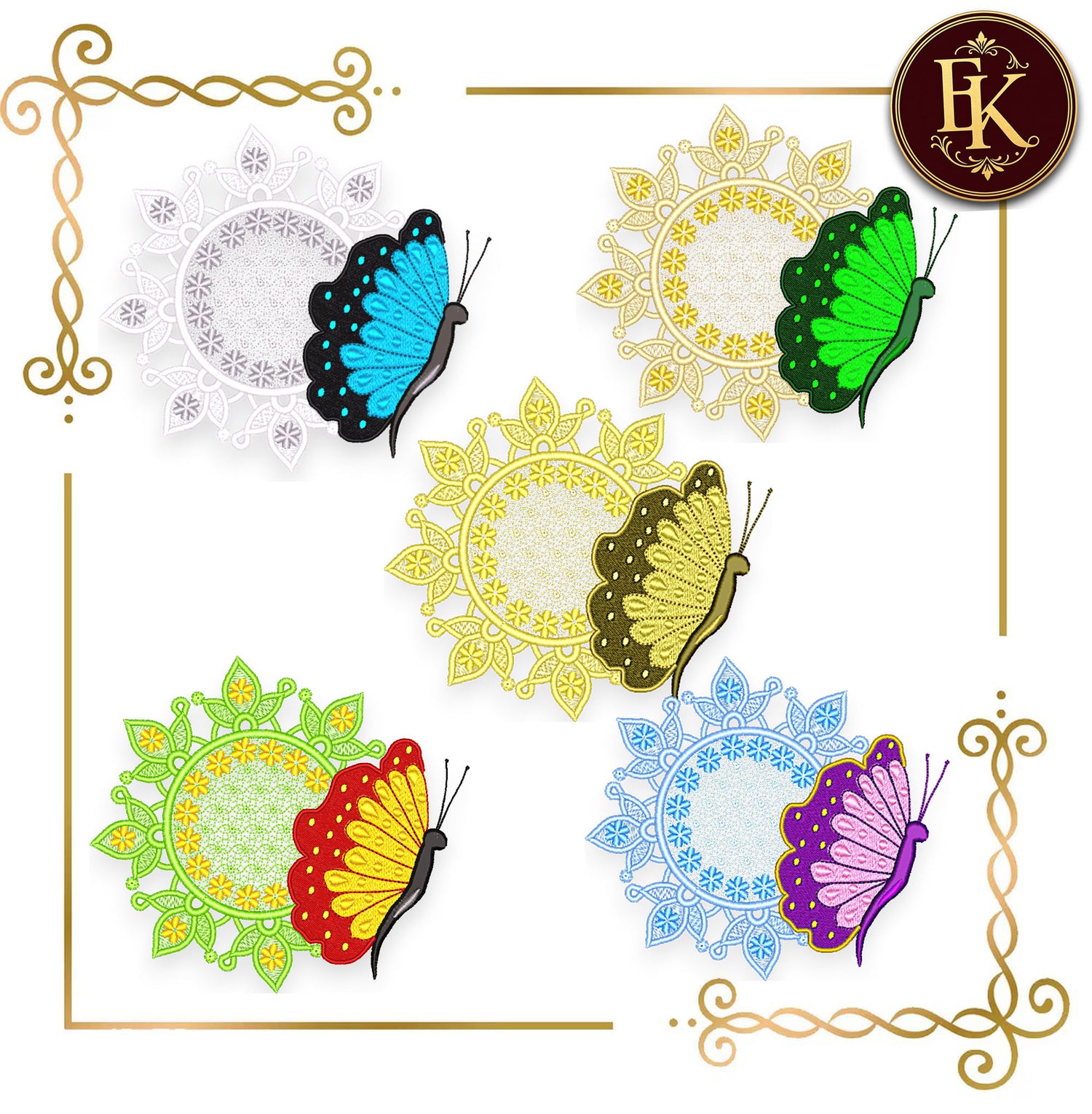Butterfly Mandala Machine Embroidery Design | Lace Floral Circle with Butterfly | 2 Sizes | Instant Download