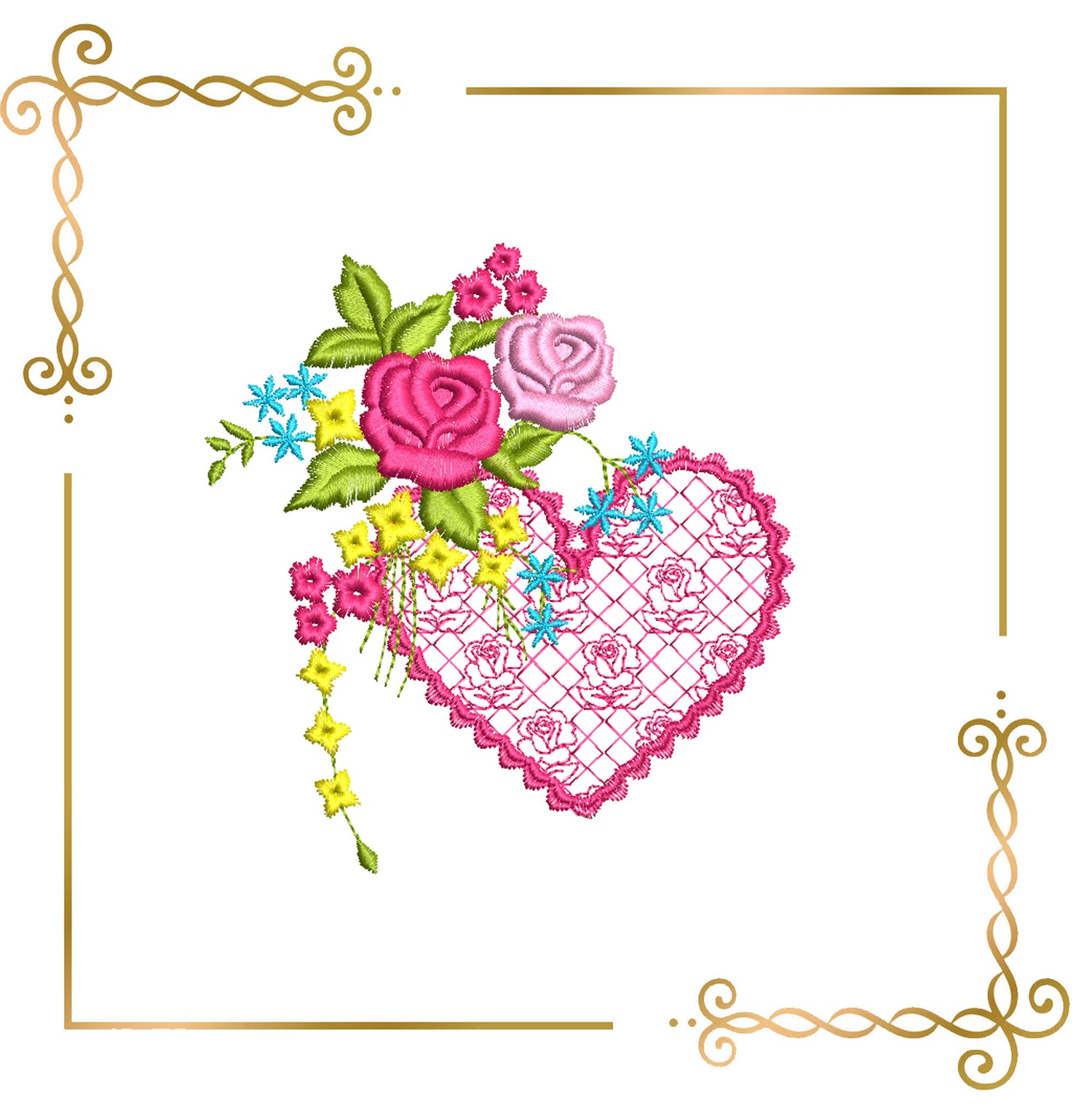 Flowers Floral Heart Embroidery Design with Roses and Lace 1 Size