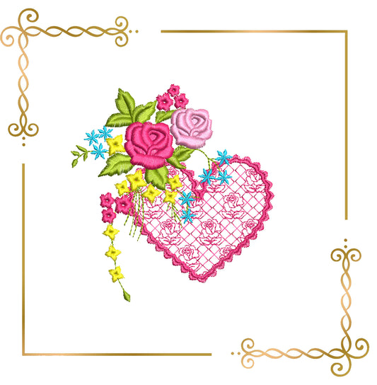 Flowers Floral Heart Embroidery Design with Roses and Lace 1 Size