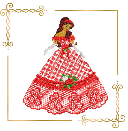 Princess Belle  in a lace dress with roses 2 Sizes embroidery design to the direct download.