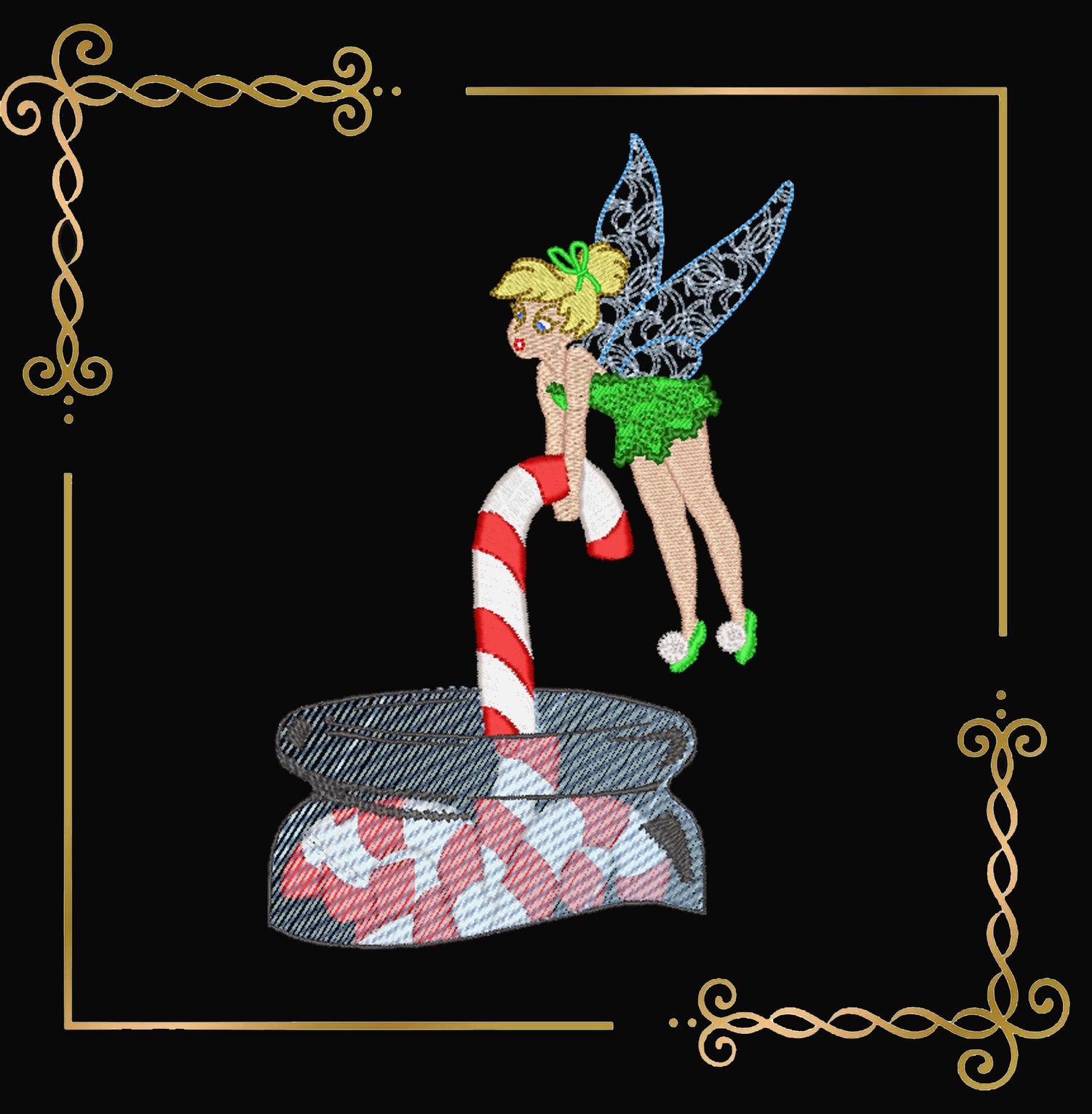Princess Tinker Bell -Fabulous Fairy - jar with Candy cane - Christmas machine embroidery design