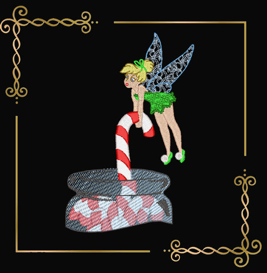 Princess Tinker Bell -Fabulous Fairy - jar with Candy cane - Christmas machine embroidery design