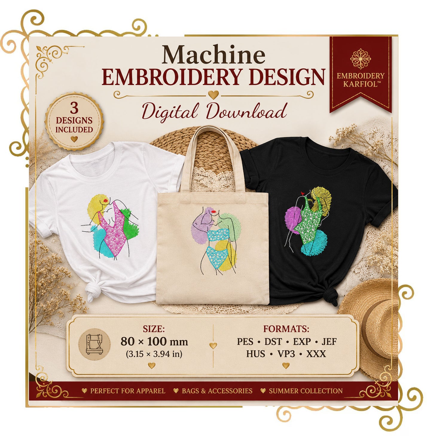 T-shirt Girls in trendy swimsuits embroidery design digital