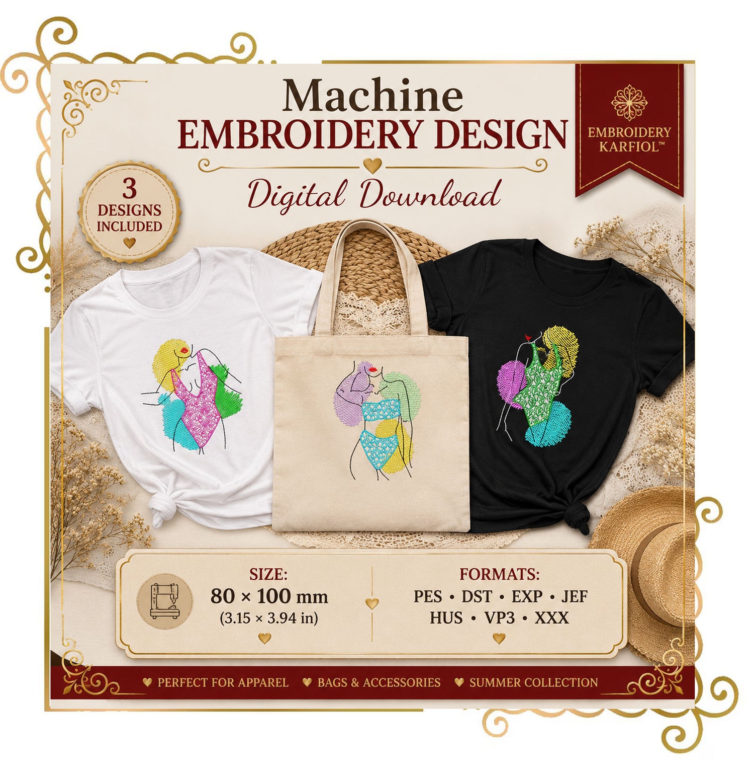 T-shirt Girls in trendy swimsuits embroidery design digital