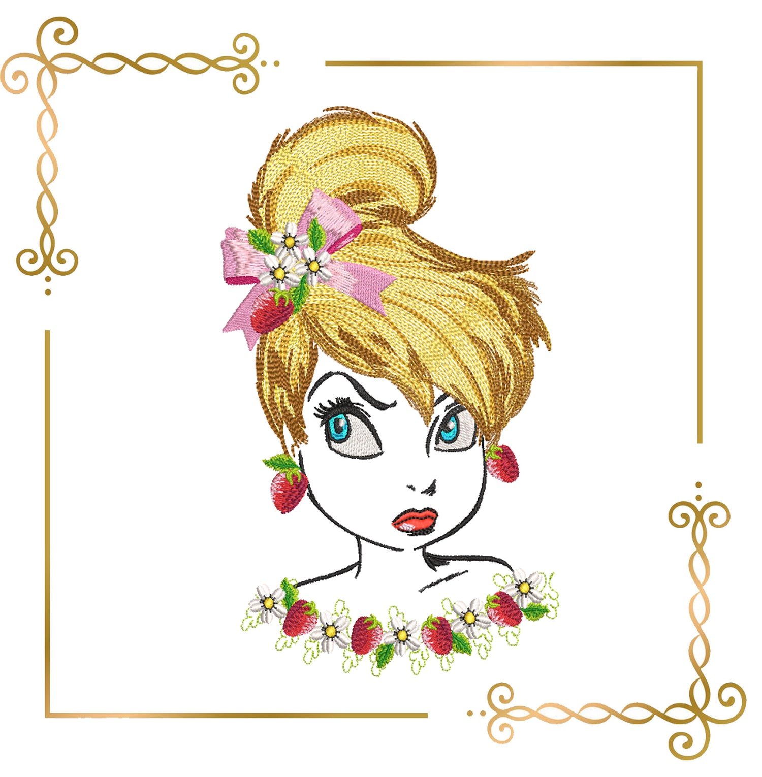 Princess Tinker Bell with bow, strawberry earrings and necklace, 3 sizes digital embroidery design