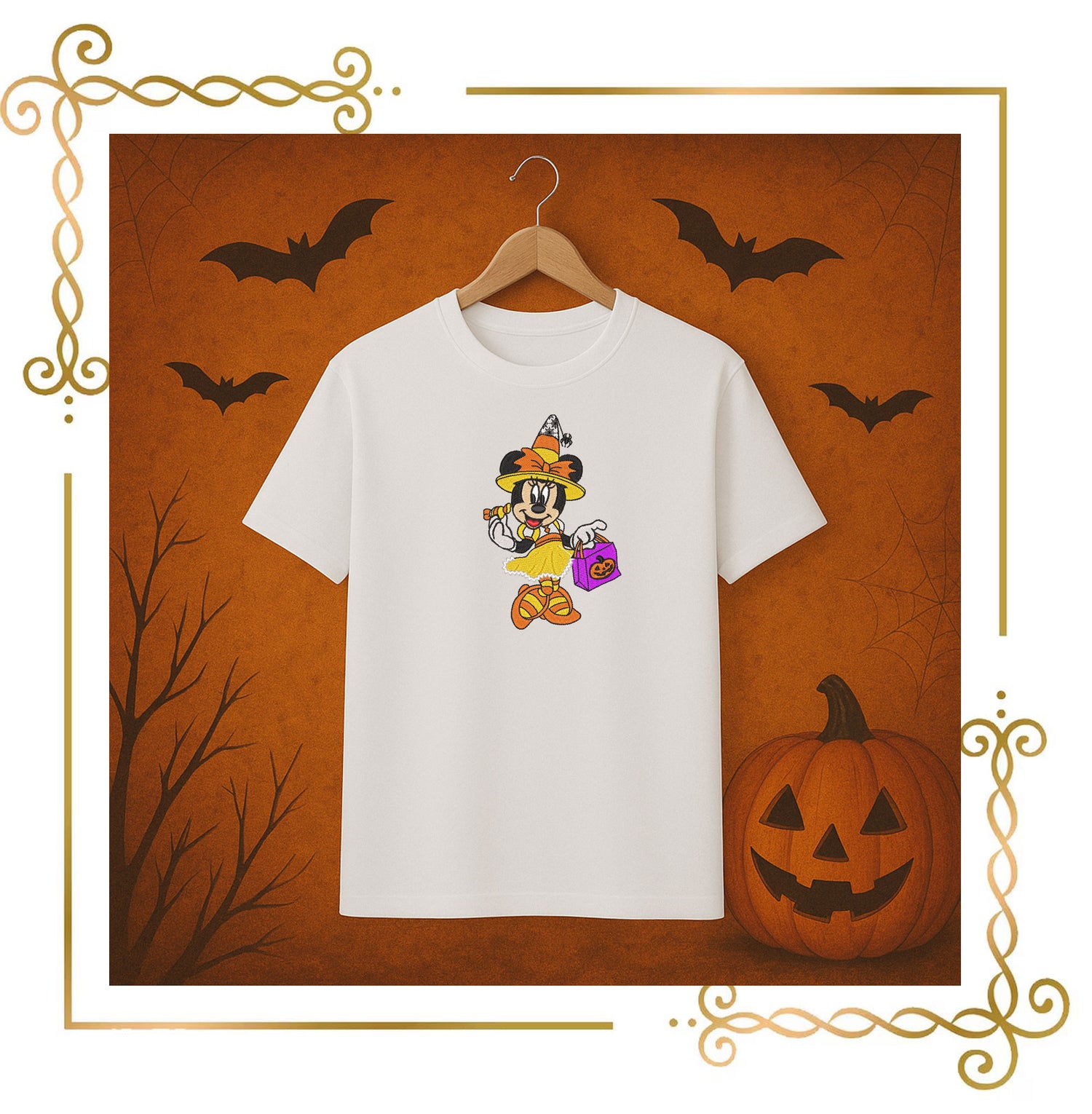 Halloween Minnie Mouse wearing a hat with a handbag and a pumpkin digital Embroidery designs