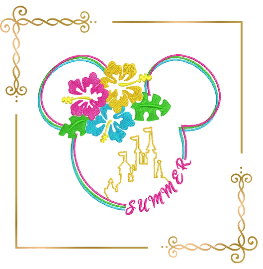 Minnie Mouse head hawaiian flowers Summer machine embroidery design