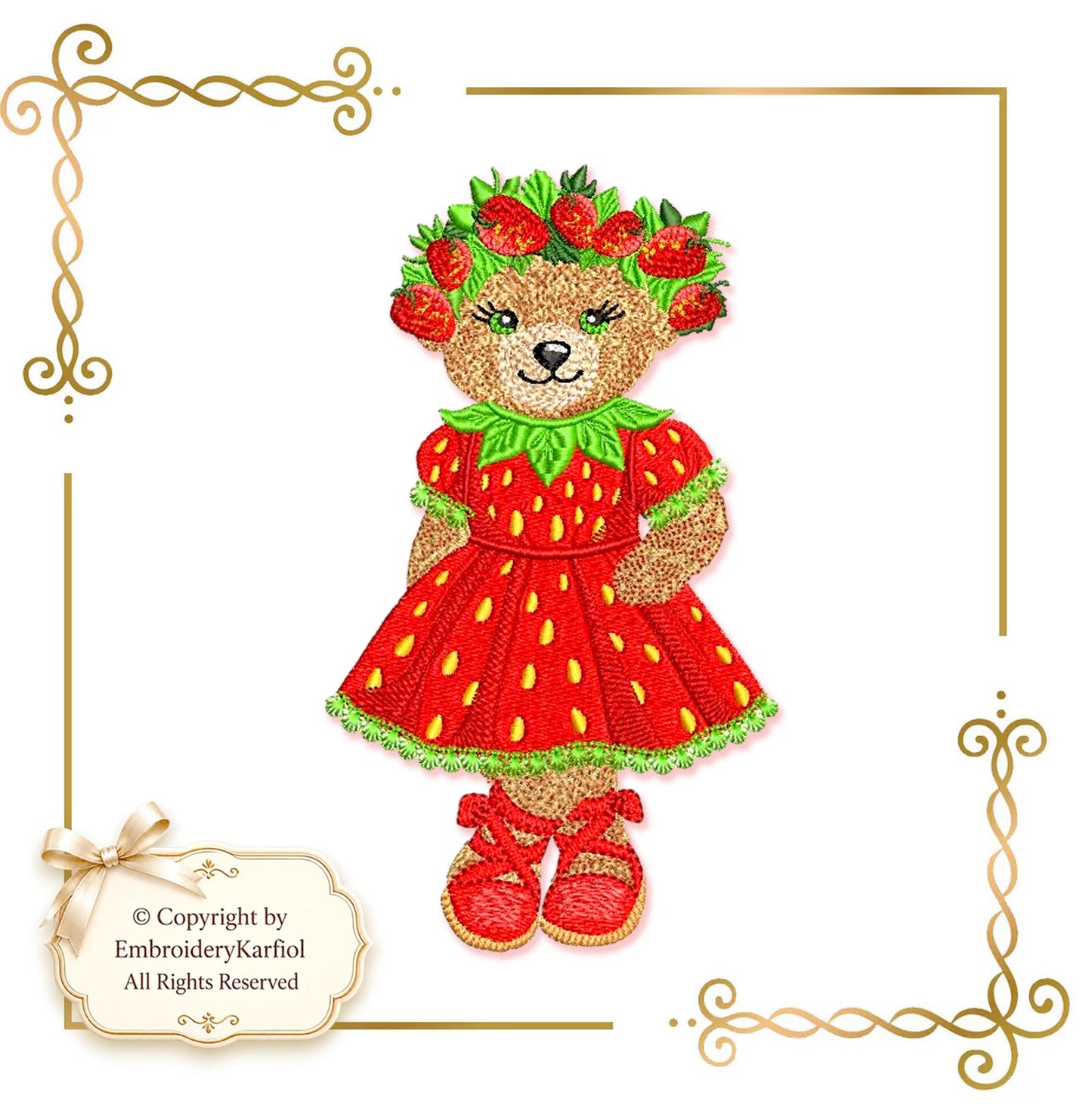 Strawberry Bear Embroidery Design – Teddy in Strawberry Dress, Summer Machine Embroidery, BearKarfiol Series | 2 Sizes