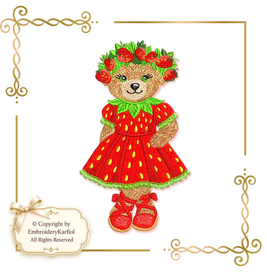 Strawberry Bear Embroidery Design – Teddy in Strawberry Dress, Summer Machine Embroidery, BearKarfiol Series | 2 Sizes