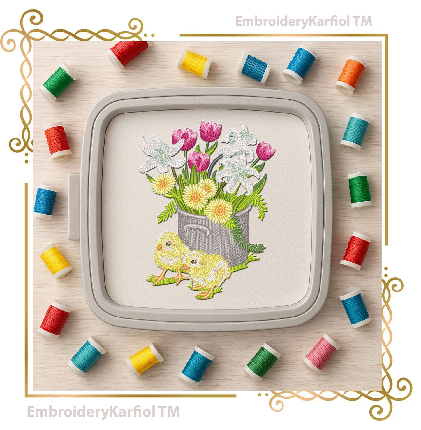 Easter Chicks Flower Pot Embroidery Design – Spring Floral Machine Embroidery
