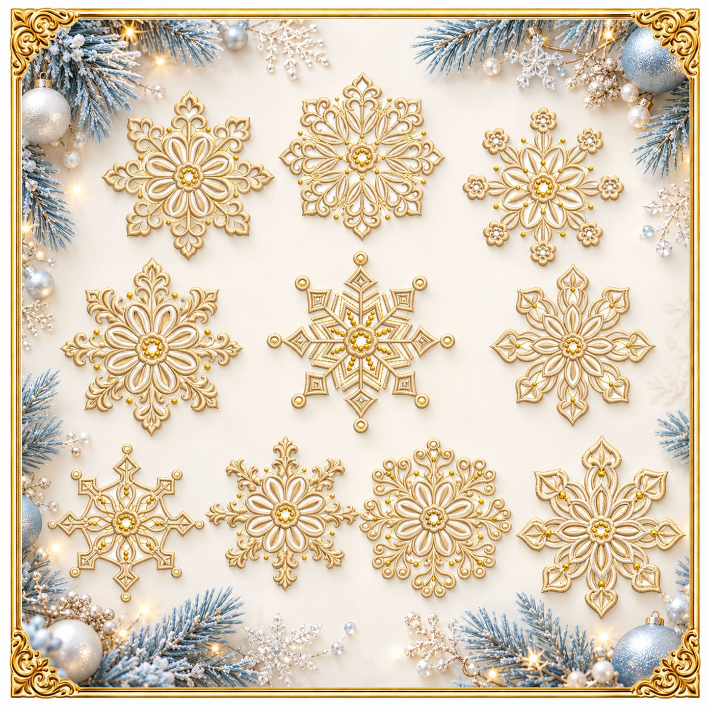 Snowflake Set Embroidery Design, 10 Winter Motifs, Christmas Ornament Bundle (Instant Download)
Set of 10 delicate snowflake machine embroidery designs with fine crystal lines, symmetrical winter motifs for Christmas projects.