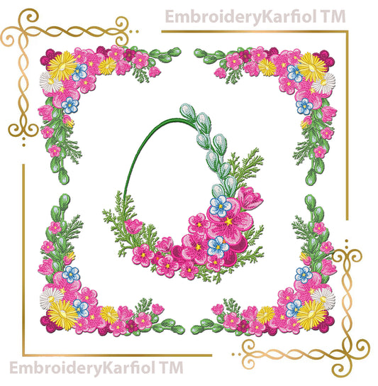 Easter Two matching machine embroidery designs: a floral Easter egg wreath with blue flowers and greenery, plus a coordinating floral corner