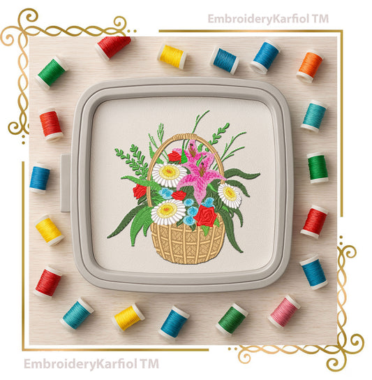 Flowers Flower Basket Embroidery Design, Floral Bouquet, Daisy Rose Lily cottagecore  Summer Pes, Instant Download