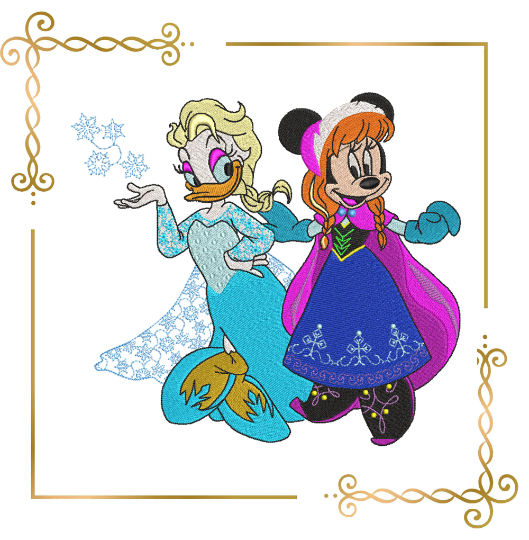 Daisy Duck and Minnie Mouse as Princess Elsa and Anna Winter Frozen embroidery design to the direct download