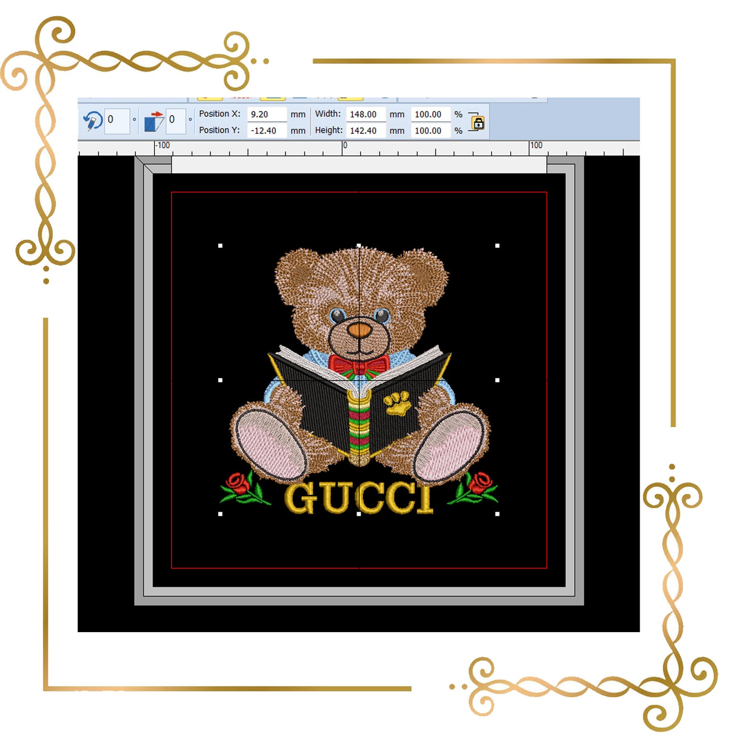 Teddy bear reading a book, cartoon character machine embroidery design digital