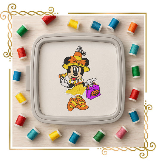 Halloween Minnie Mouse wearing a hat with a handbag and a pumpkin digital Embroidery designs