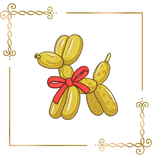 Golden Balloon Dog with Red Bow, Luxe Stitch Art - Embroidery Design