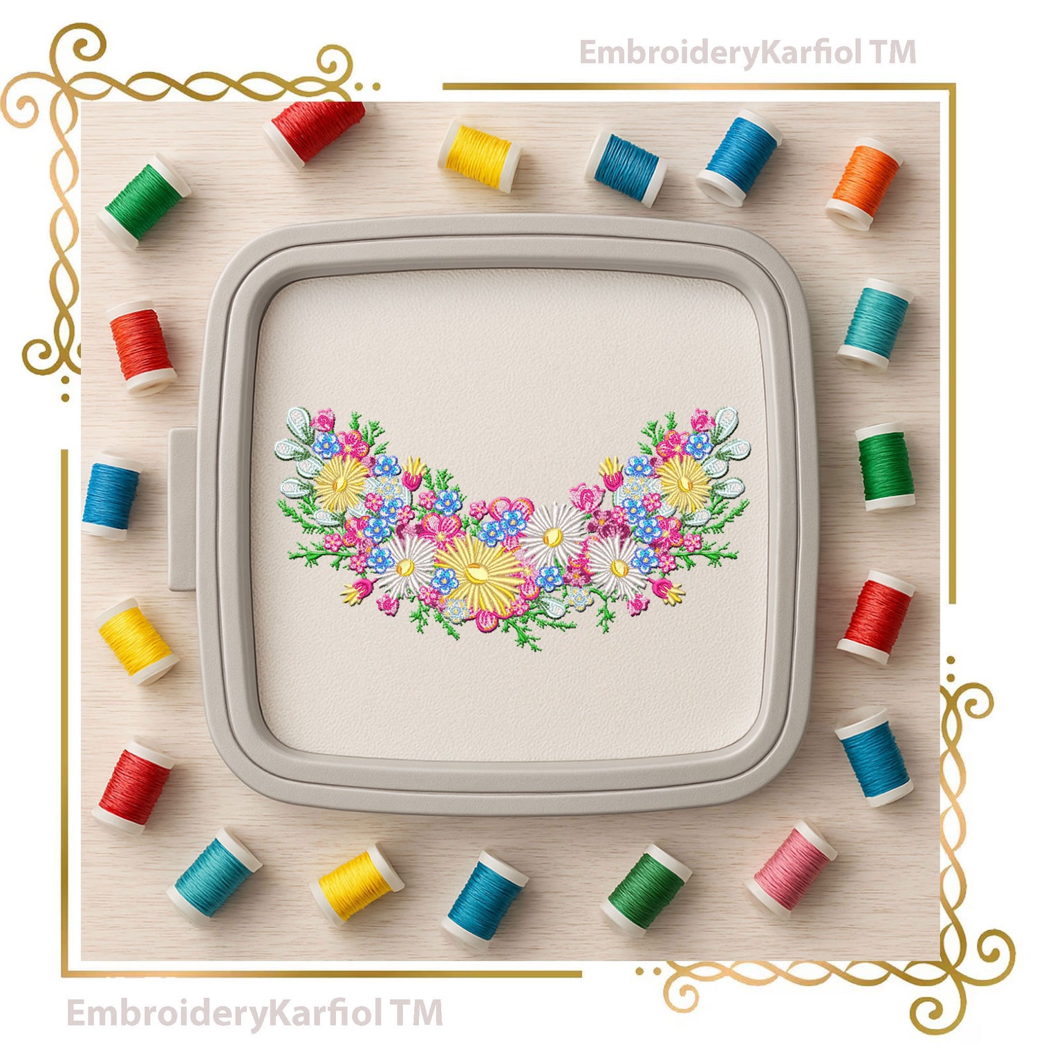 Easter Two matching machine embroidery designs: a floral Easter egg wreath with blue flowers and greenery, plus a coordinating floral border.