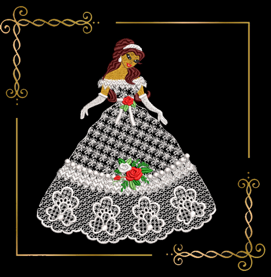 Princess Belle  in a lace dress with roses 2 Sizes embroidery design to the direct download.