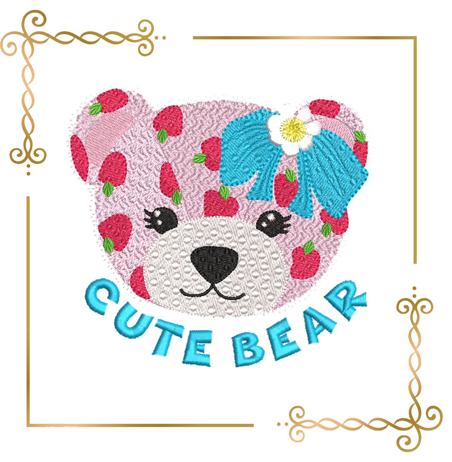 Cute pink strawberry bear with a bow, head, girl, cartoon character, digital machine Embroidery design