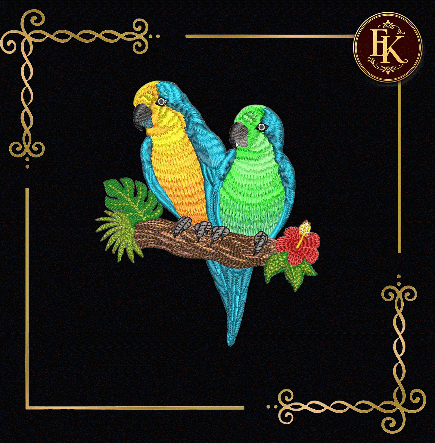 Tropical Parrots Embroidery Design – Two Macaws with Hibiscus & Exotic Leaves Digitai Download