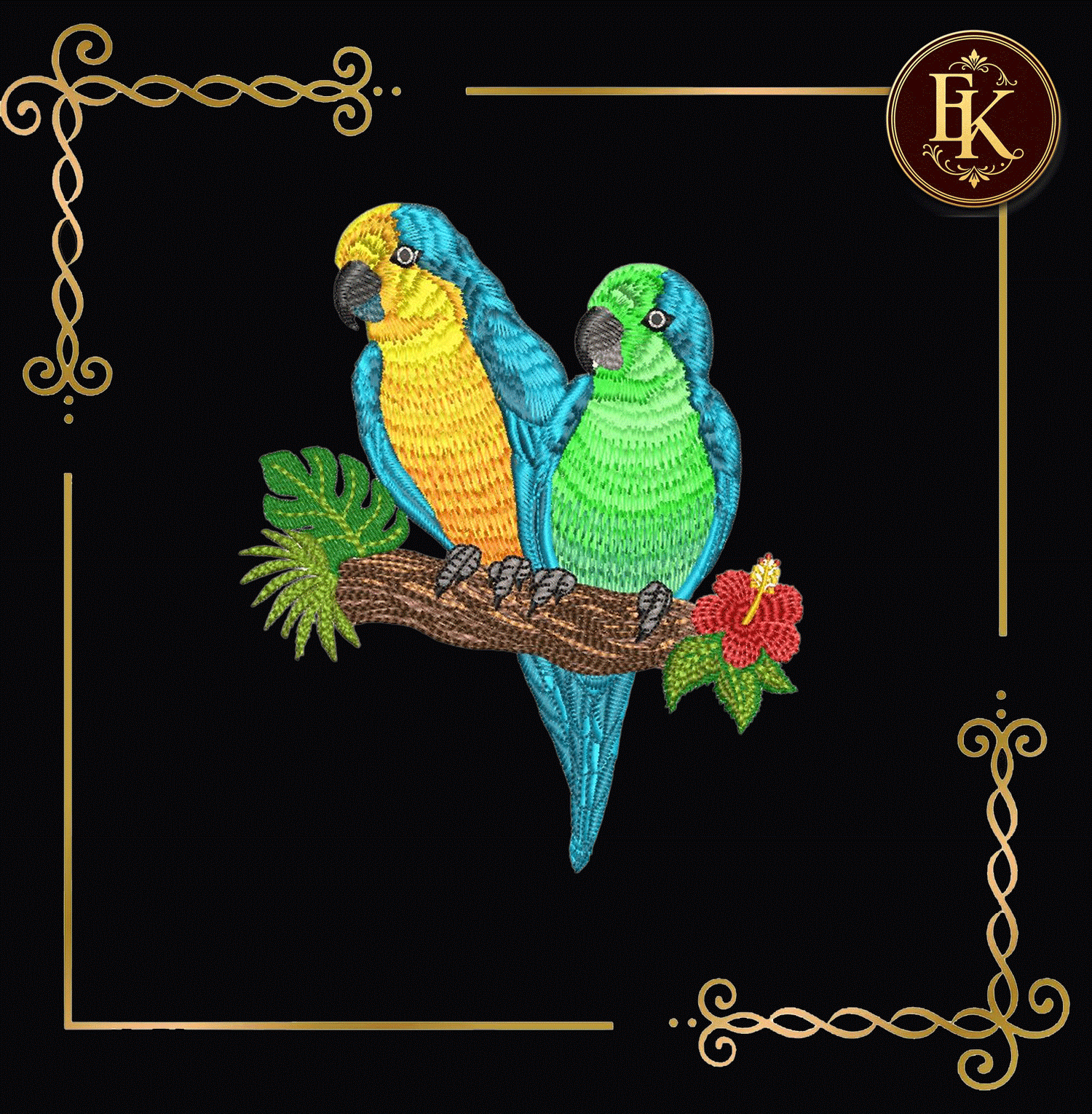 Tropical Parrots Embroidery Design – Two Macaws with Hibiscus & Exotic Leaves Digitai Download