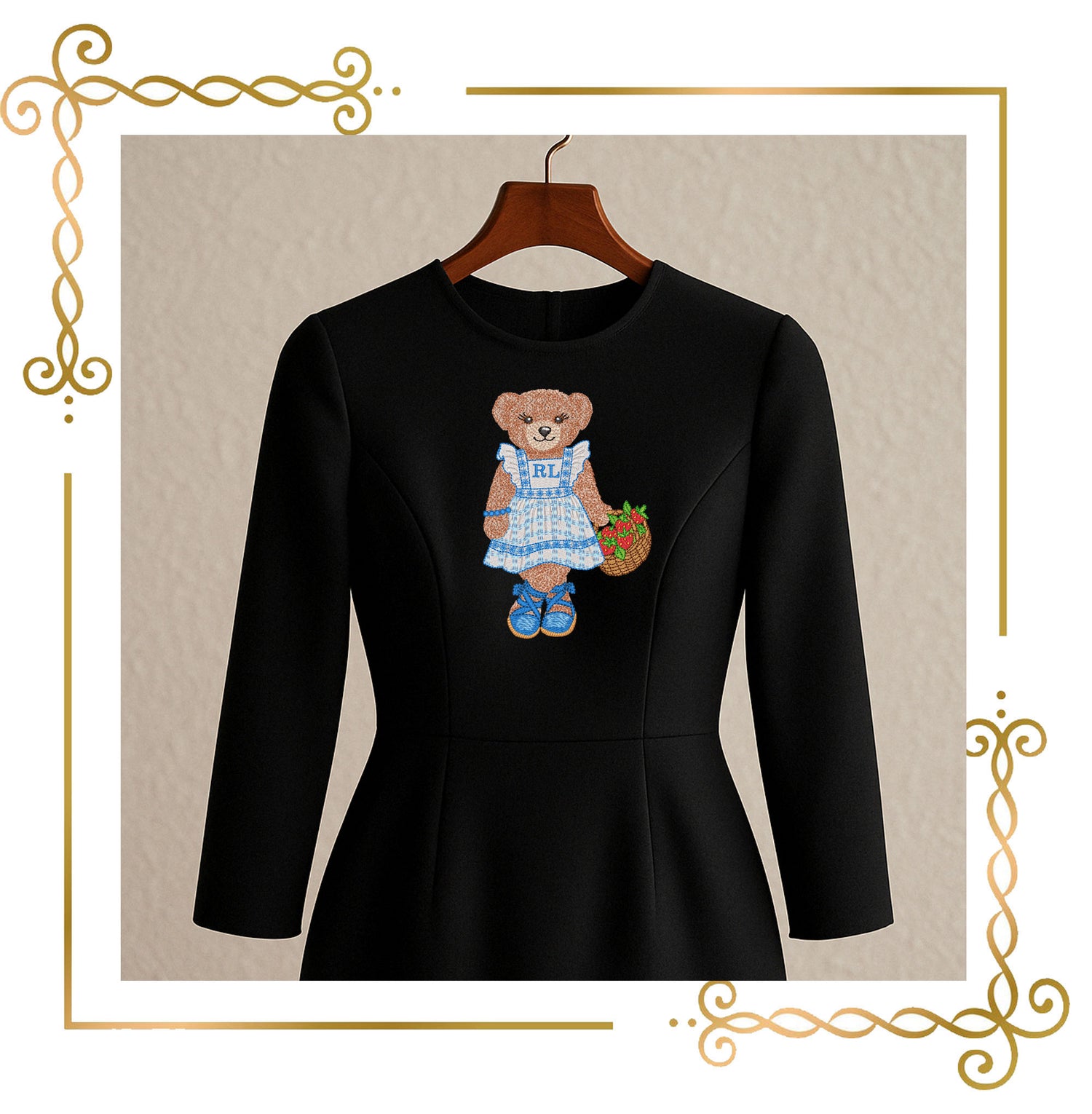 Teddy Bear Embroidery Design – Teddy Bear with a basket of strawberries Polo – Digital File for Machine Embroidery 3 Sizes