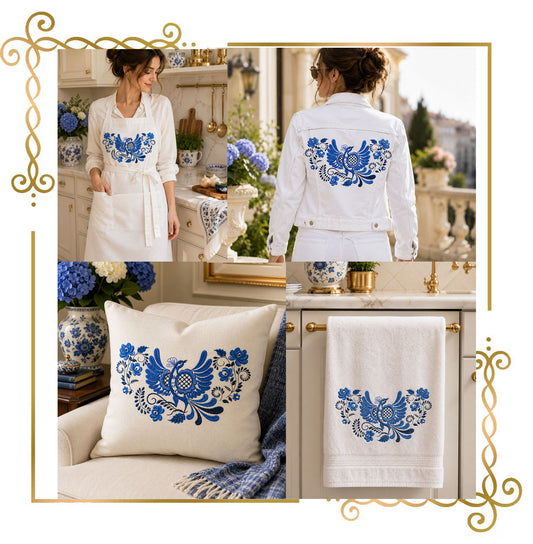 Flowers Blue Firebird, Folk Bird, Blue Folk Firebird Embroidery design Floral 2 Sizes - Instant Download