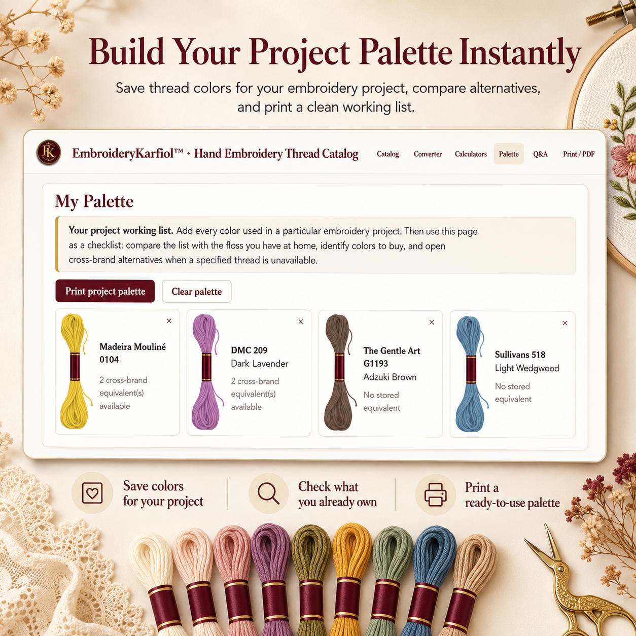 Interactive Hand Embroidery Thread Catalog | DMC Floss Converter, Color Matching, Cross Stitch Calculators & Palette