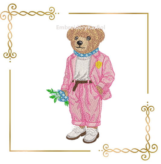 Teddy Bear Charming machine embroidery design in a suit holding a bunch of flowers 3 Sizes