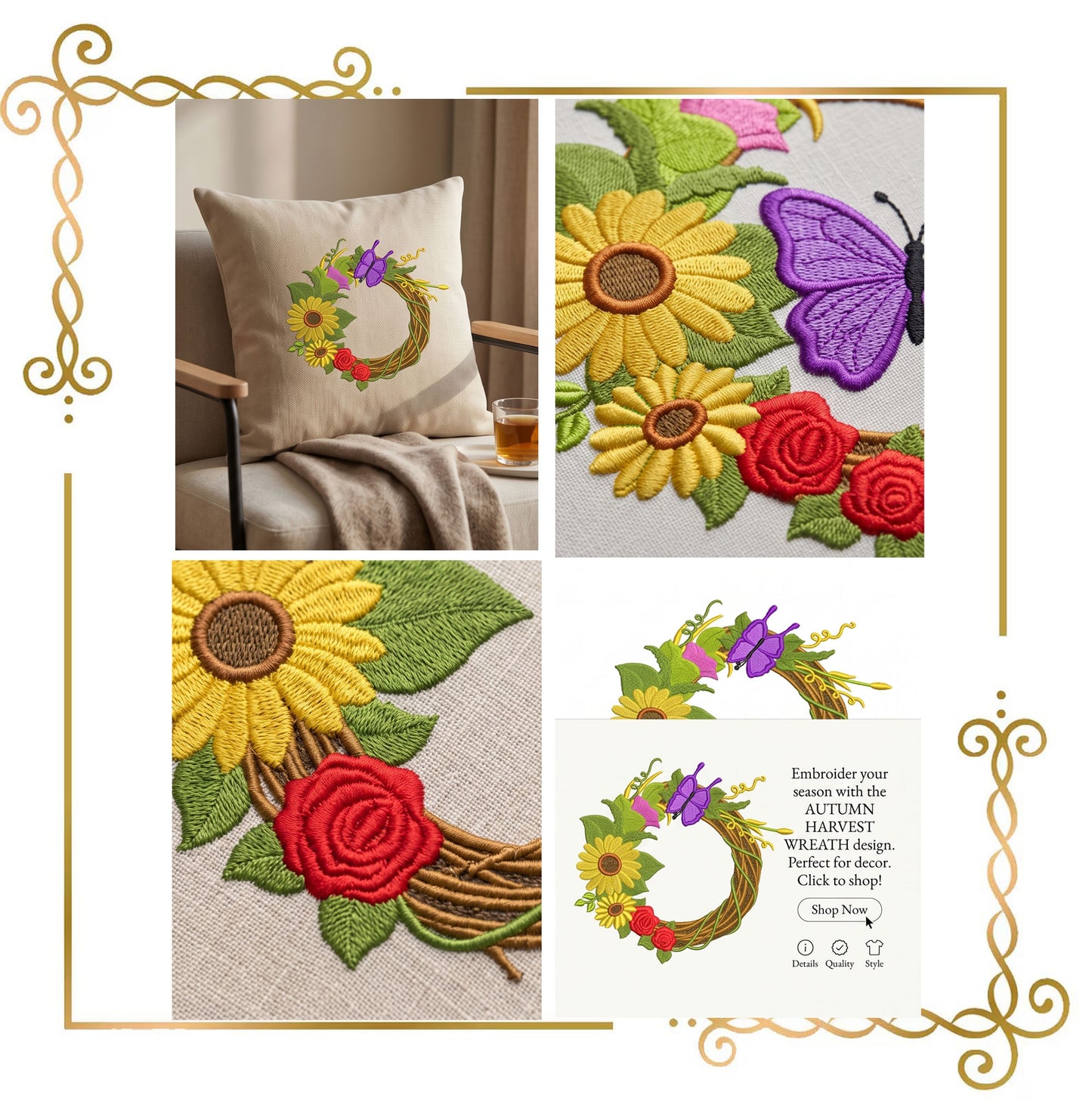 Halloween - Autumn Wreath Machine Embroidery Design, Sunflowers, Grapes and Butterfly (Digital Download)