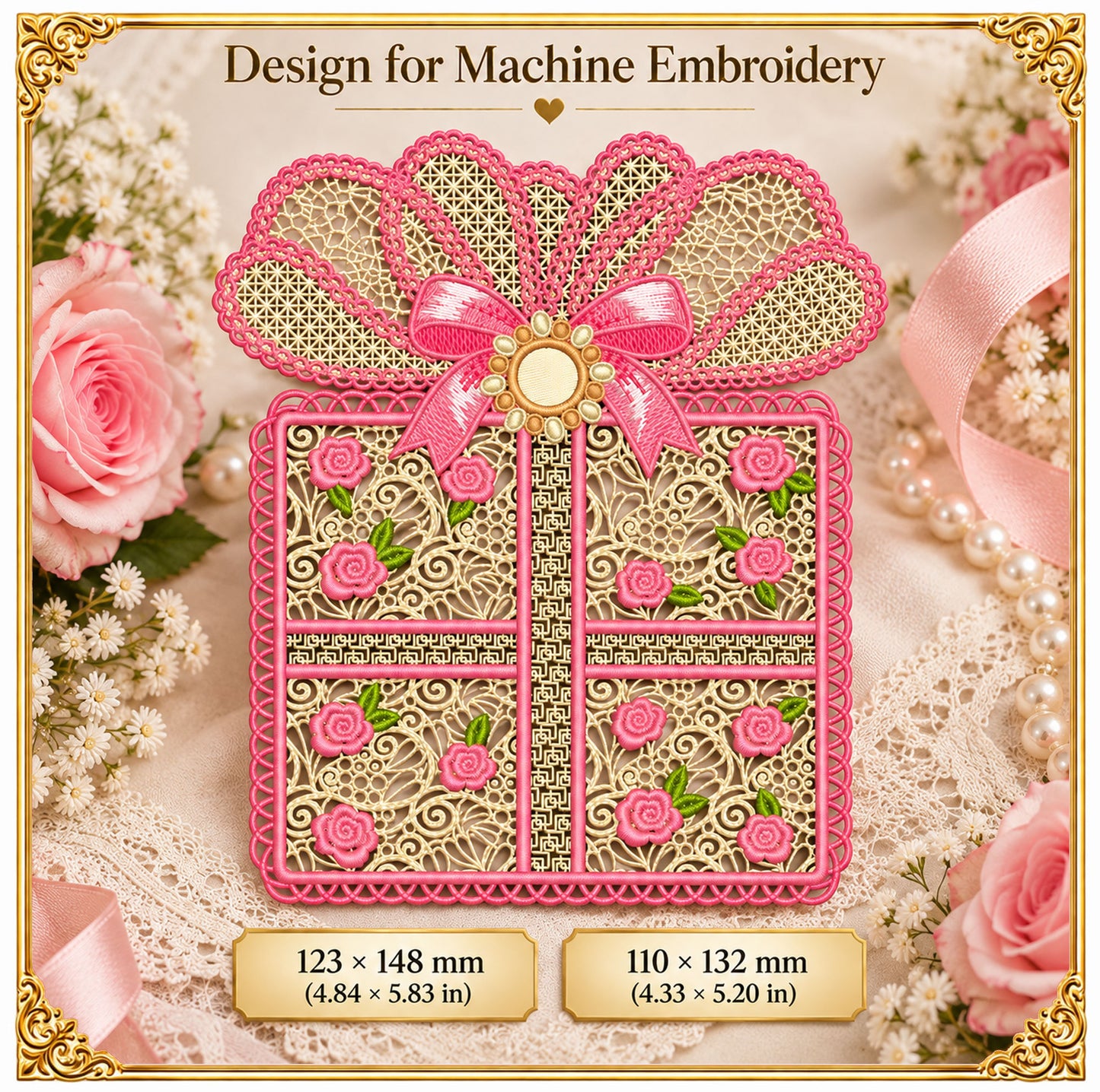 Vintage Lace Box Embroidery Design, Roses, Satin Bow, &nbsp;embroidered Pearl Brooch (Instant Download)
Vintage lace-trimmed box machine embroidery design with blooming roses, a flowing satin bow and a delicate embroidered pearl brooch, digitized in a romantic elegant style.