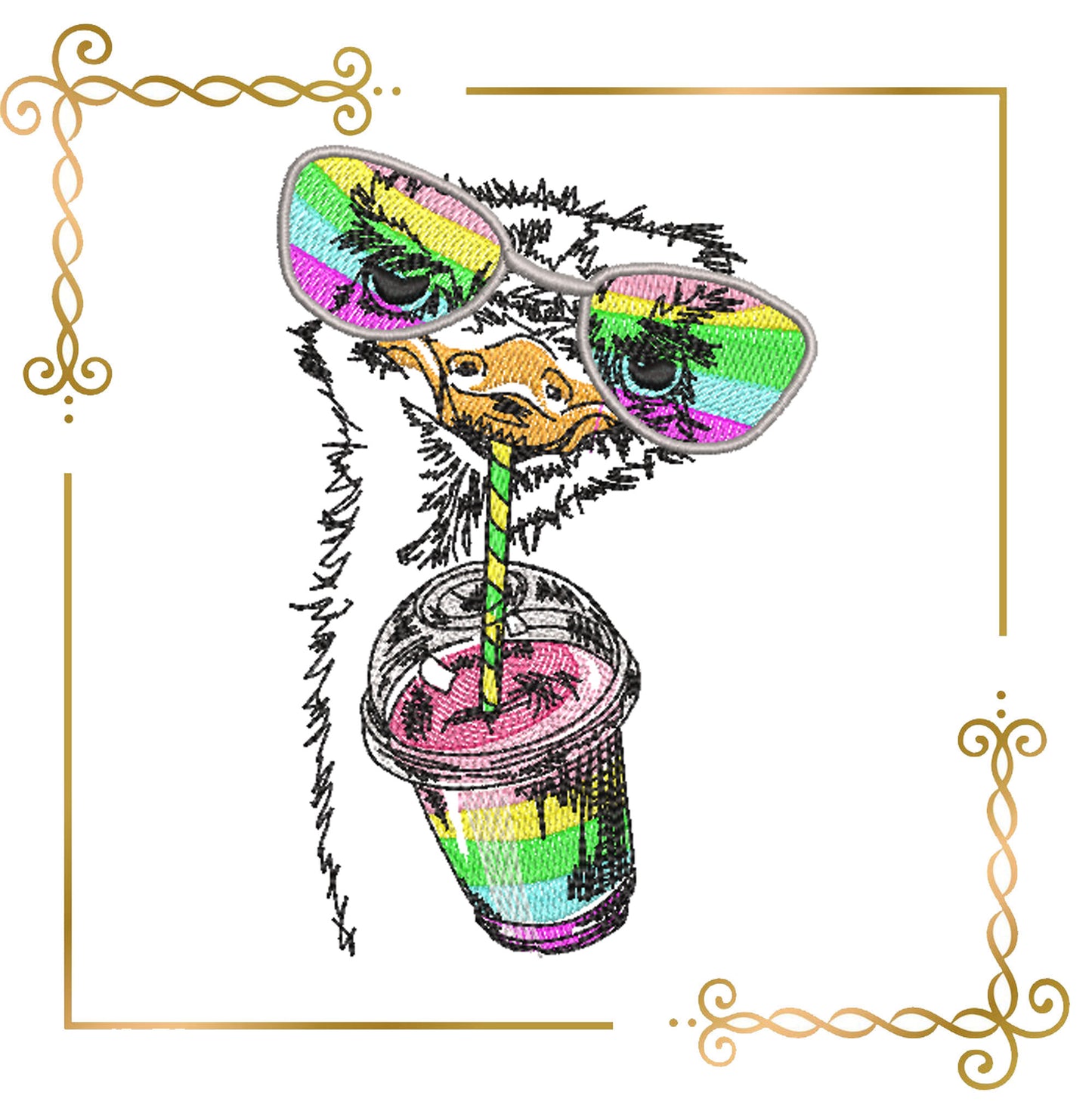 Animals Rainbow Ostrich with Smoothie Embroidery Design 3 Sizes