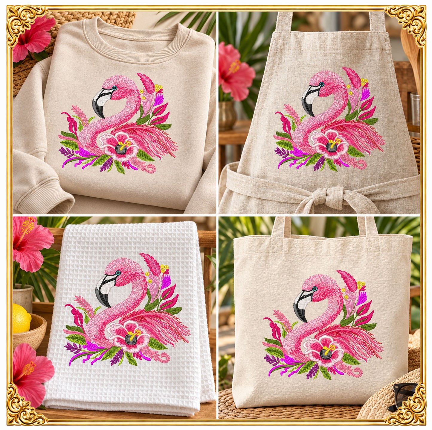 Pink tropical flamingo machine embroidery design decorated with lush summer flowers, digitized in a trendy modern style with smooth satin and fill stitches.