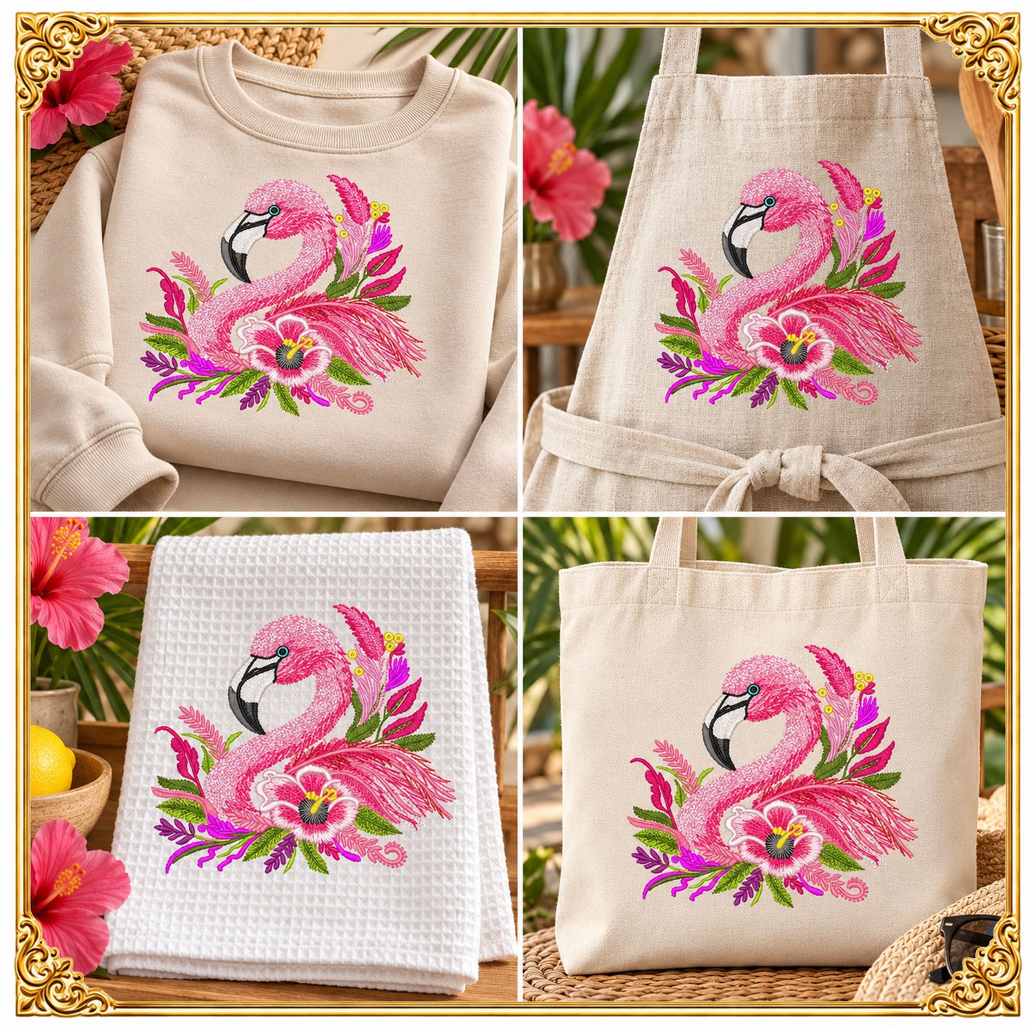 Pink tropical flamingo machine embroidery design decorated with lush summer flowers, digitized in a trendy modern style with smooth satin and fill stitches.