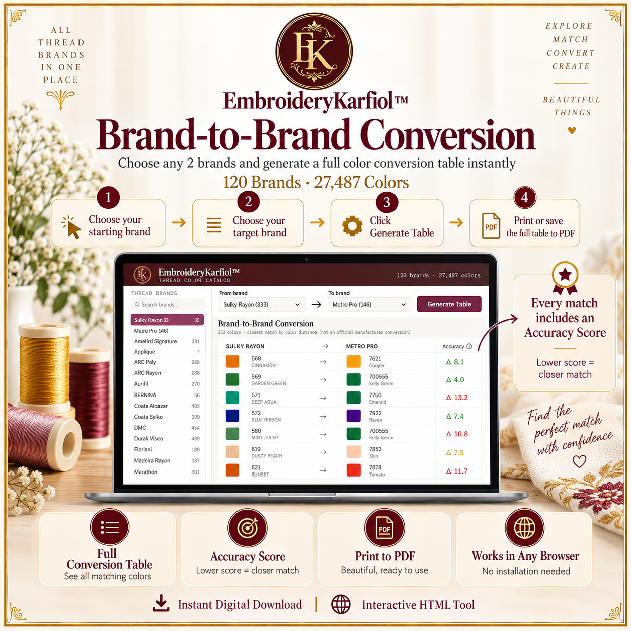 Interactive Thread Brand Converter | 120 Brands | Brand-to-Brand Color Conversion Table | RGB/HEX | Print to PDF | Instant Download