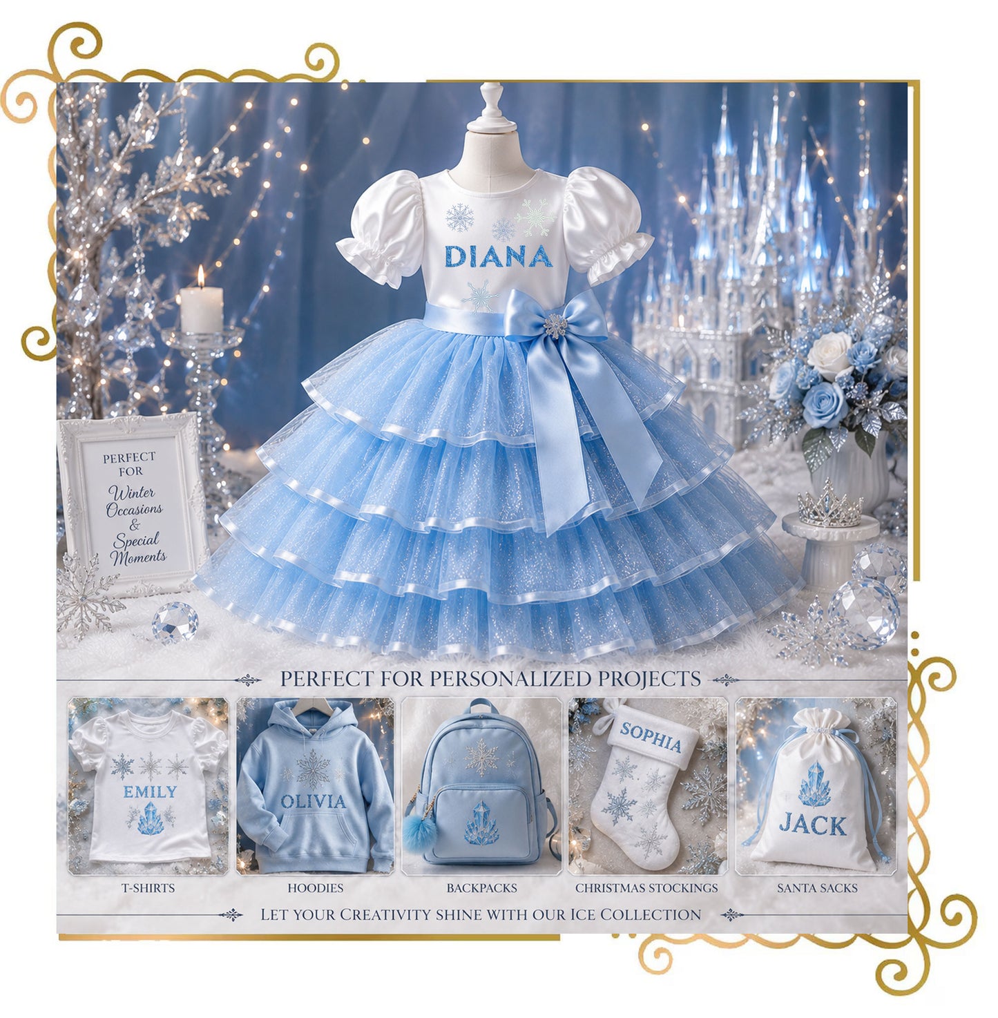 Winter Ice Embroidery Alphabet | Ice Crystal Machine Embroidery Font | 26 Letters, 10 Numbers, 8 Snowflakes and Crystal | 4x4 Hoop