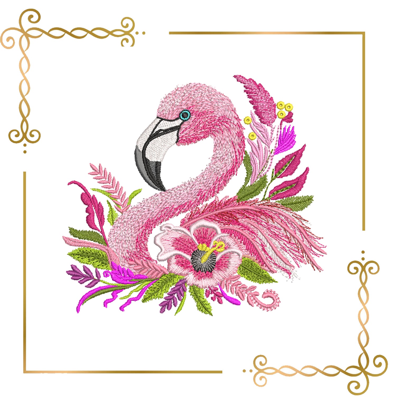 Animals Pink trendy flamingo with flowers machine embroidery design digital