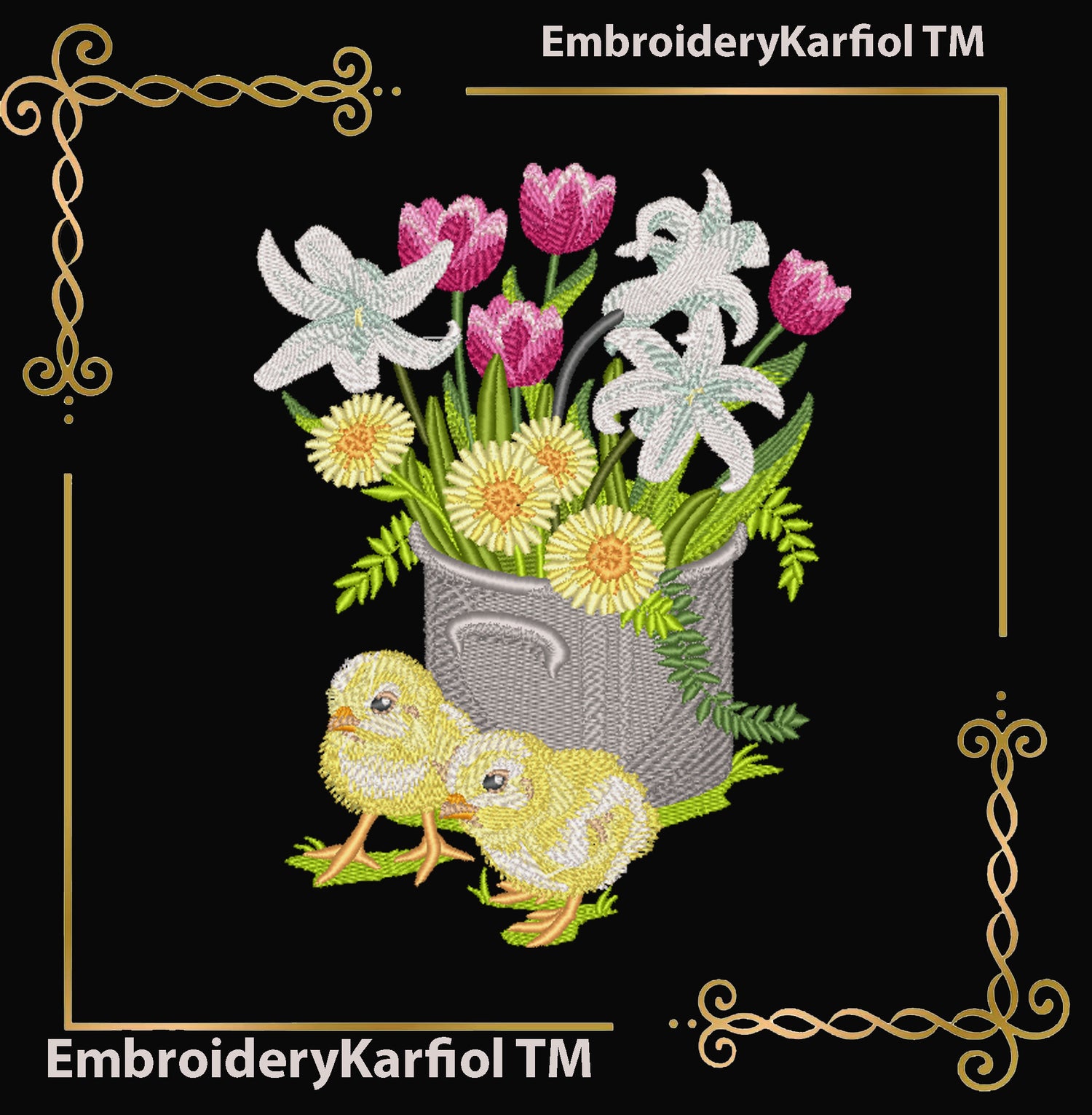 Easter Chicks Flower Pot Embroidery Design – Spring Floral Machine Embroidery