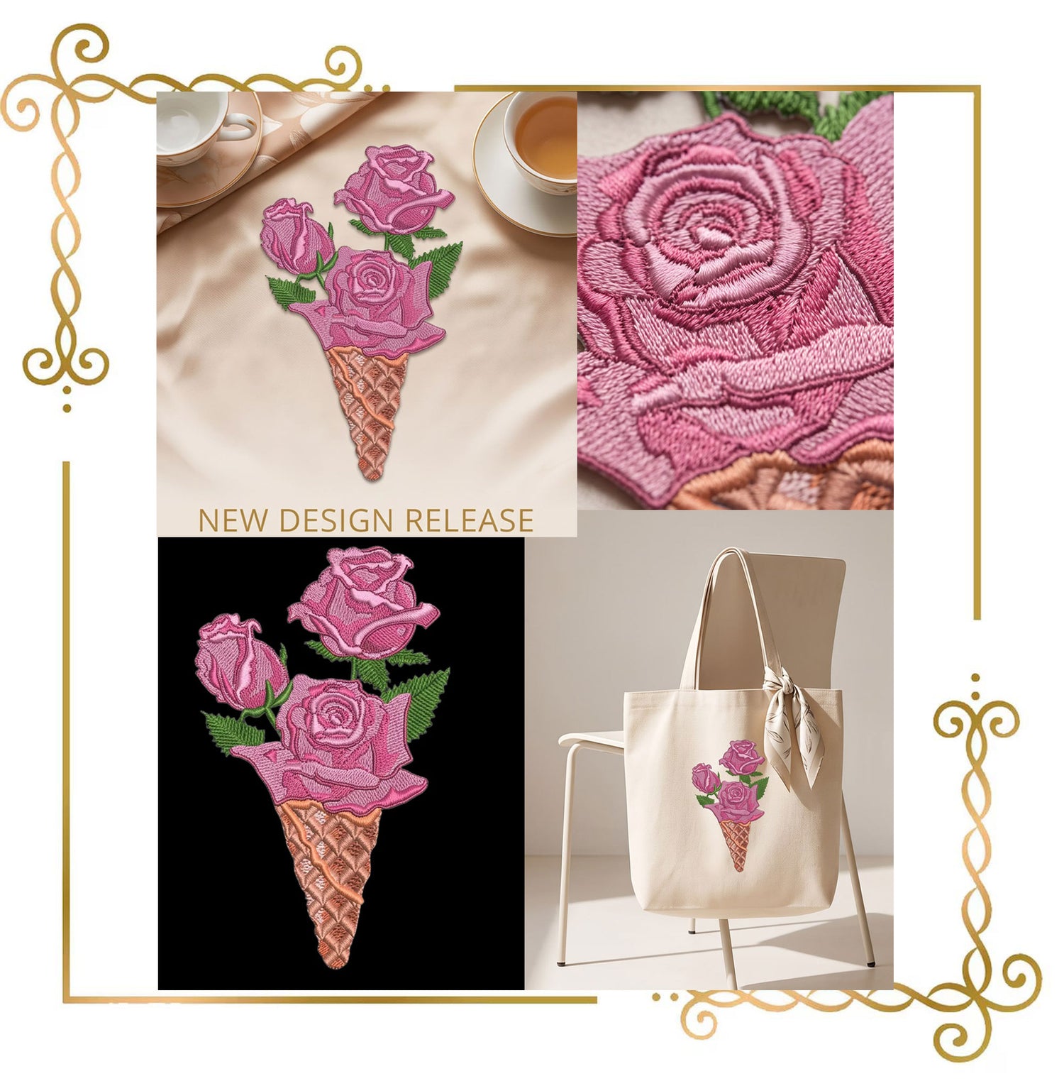 Ice cream  Sweet Surprise roses Machine embroidery design (Instant Download)
