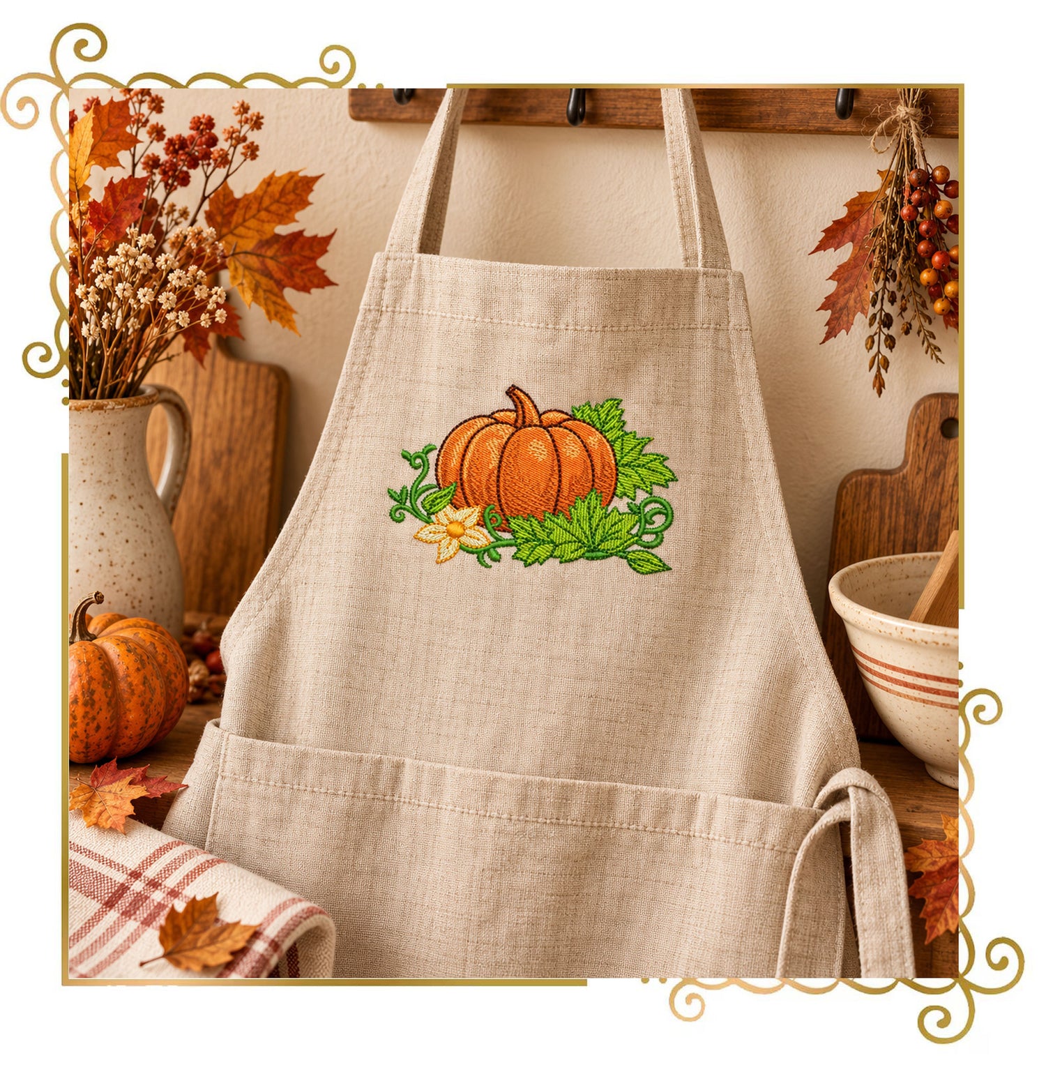 Halloween - Fall Pumpkin Machine Embroidery Design Autumn Leaves Floral Harvest Digital Embroidery File