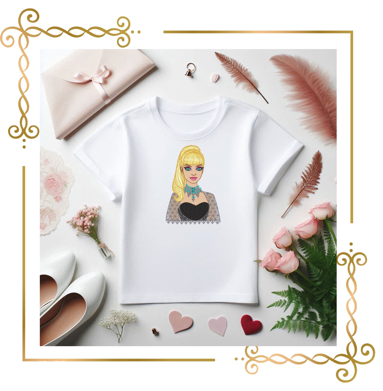 Princess, Barbie Embroidery Design – Glamorous collectible Blonde Doll in Black Lace Dress with Turquoise Necklace – Digital Download