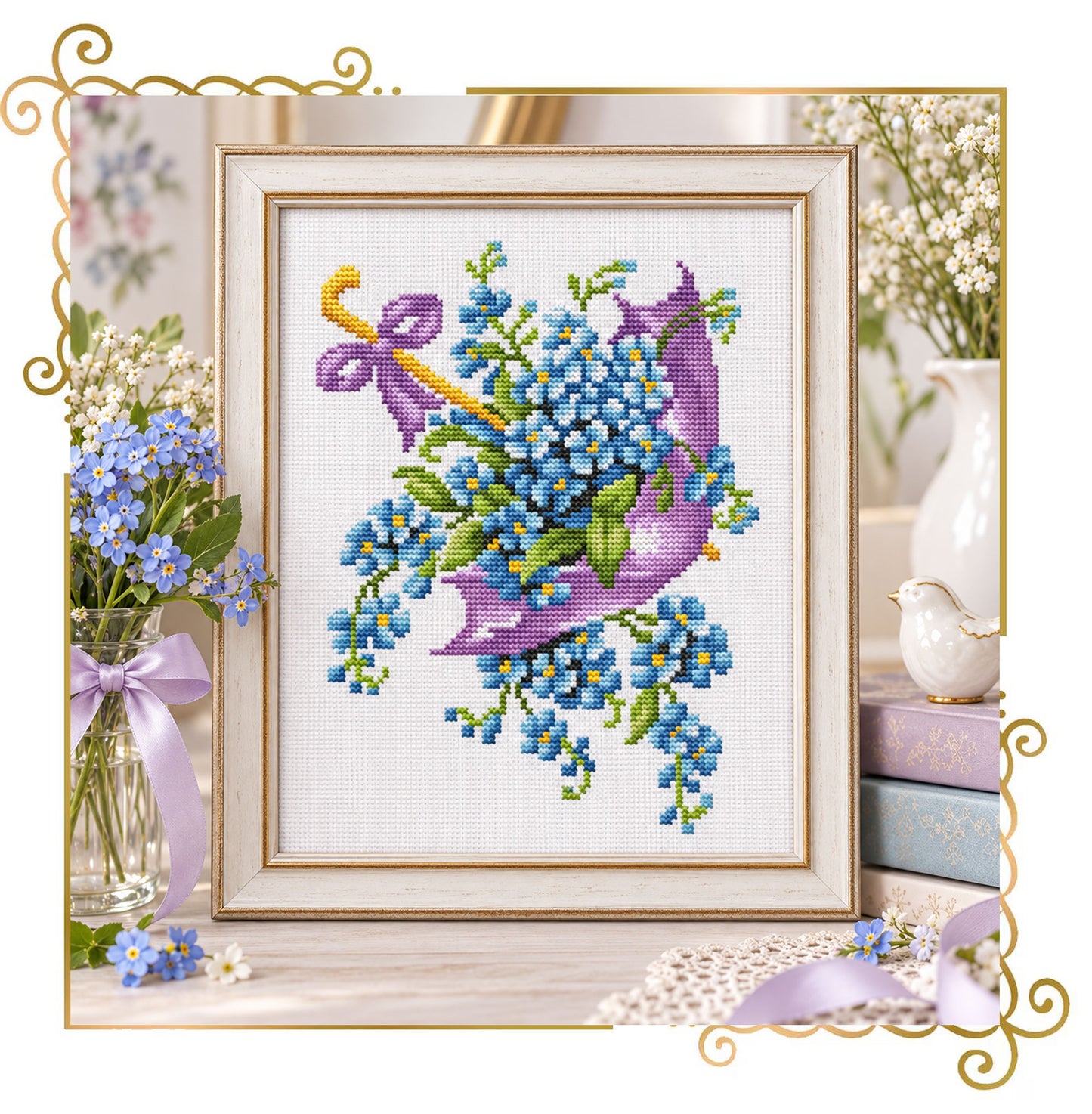 Flowers Umbrella with Forget-Me-Nots Machine Embroidery Design, Cross Stitch Style Floral Embroidery, Blue Flower Design (Instant Download)